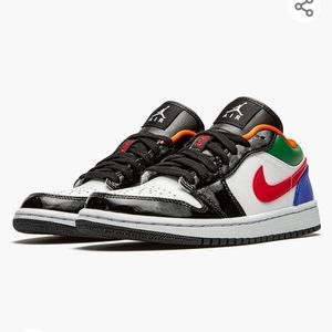 NWT Nike Women's Jordan 1 Low SE shoe Multi-colored Black patent w/ hyper blue.